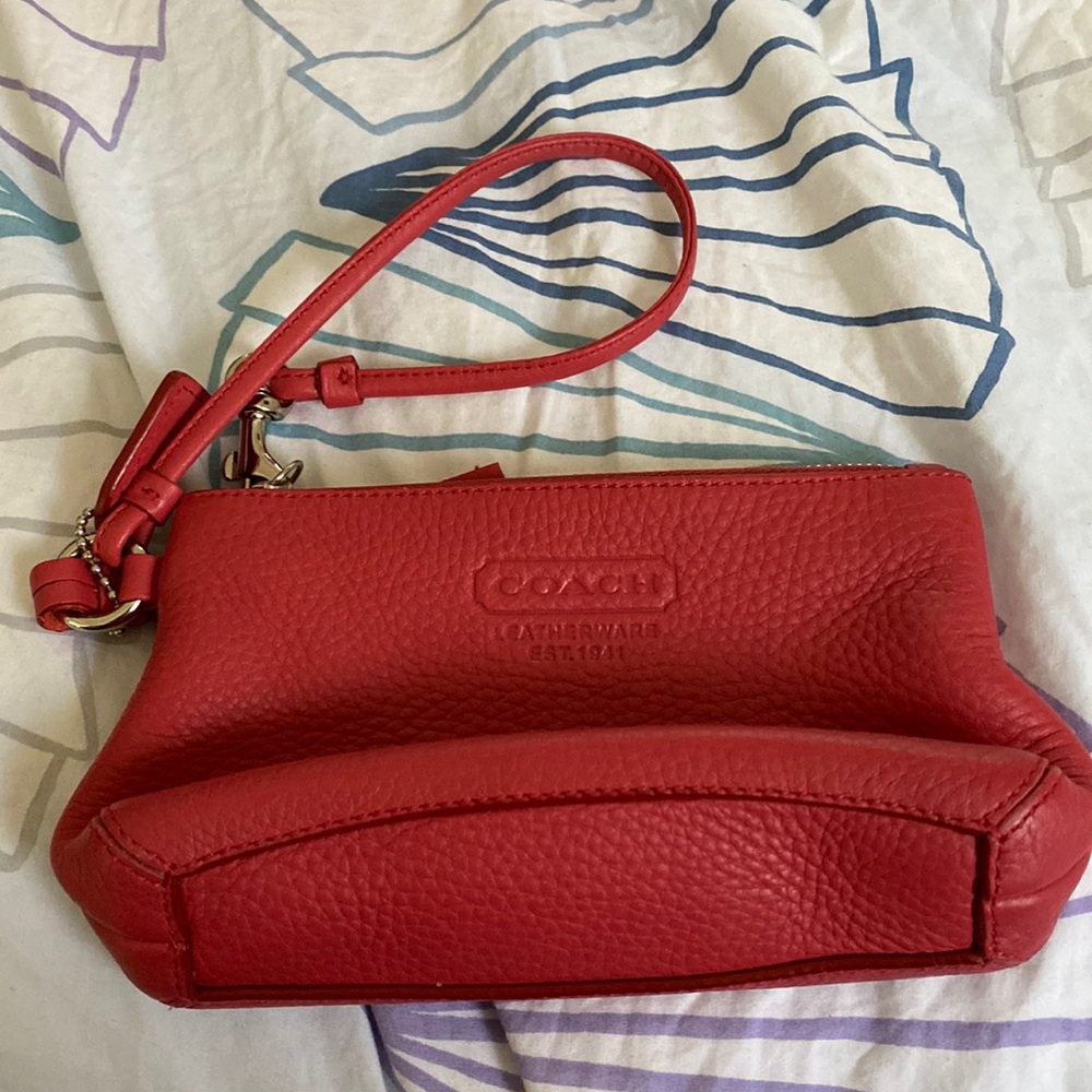Coach Salmon Pebbled Leather Wristlet Wallet with Tassel and Zipper Top
